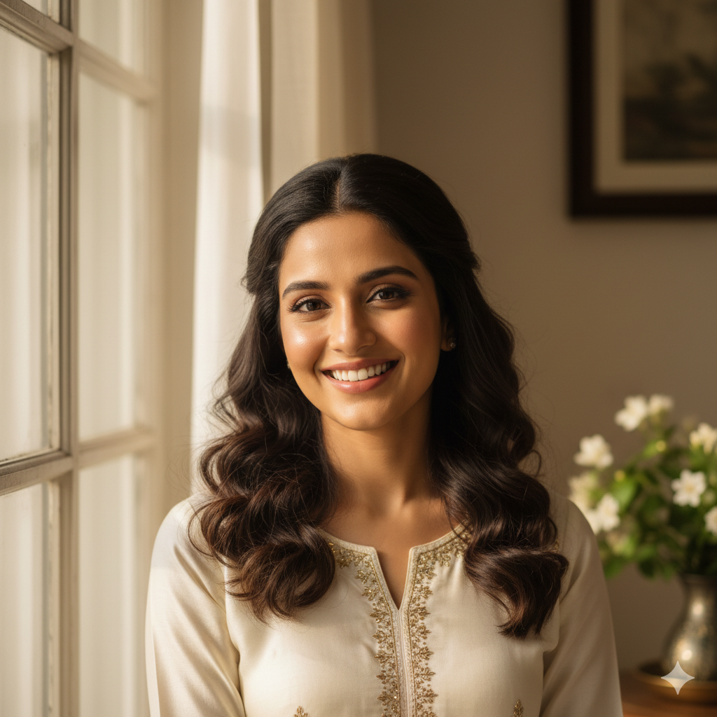 A woman with a bridal glow, ready for a special occasion after a 7-day skin challenge.